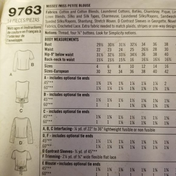 ✅9763 Simplicity Blouse Size: PP 12-14-16-18 Sewing - Picture 4 of 4